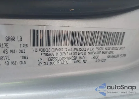 2016 Ram 1500 Outdoorsman z USA, uszkodzony, nr VIN 1C6RR7LG4GS106598